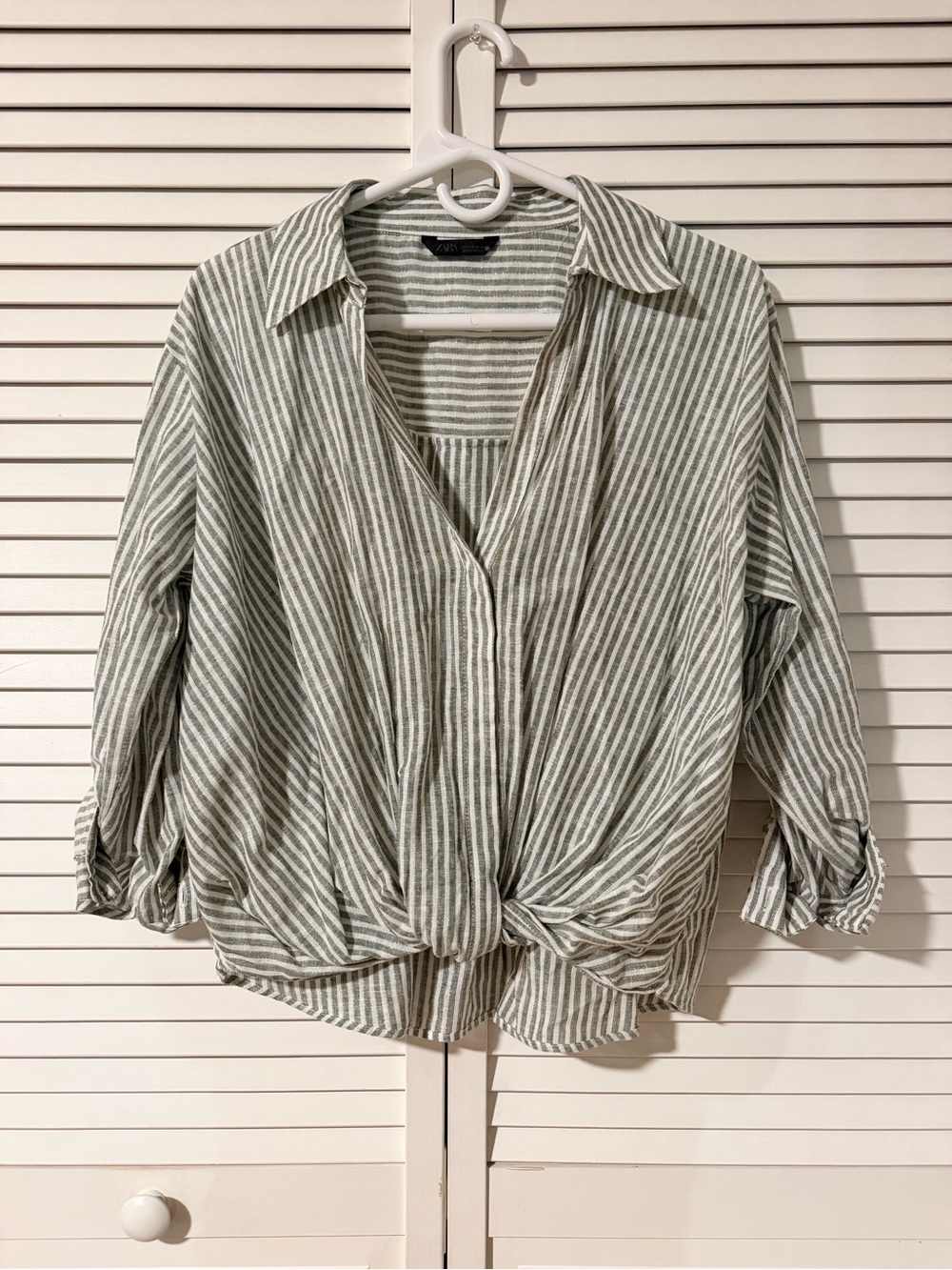 Zara Olive Green and White Striped Button Shirt